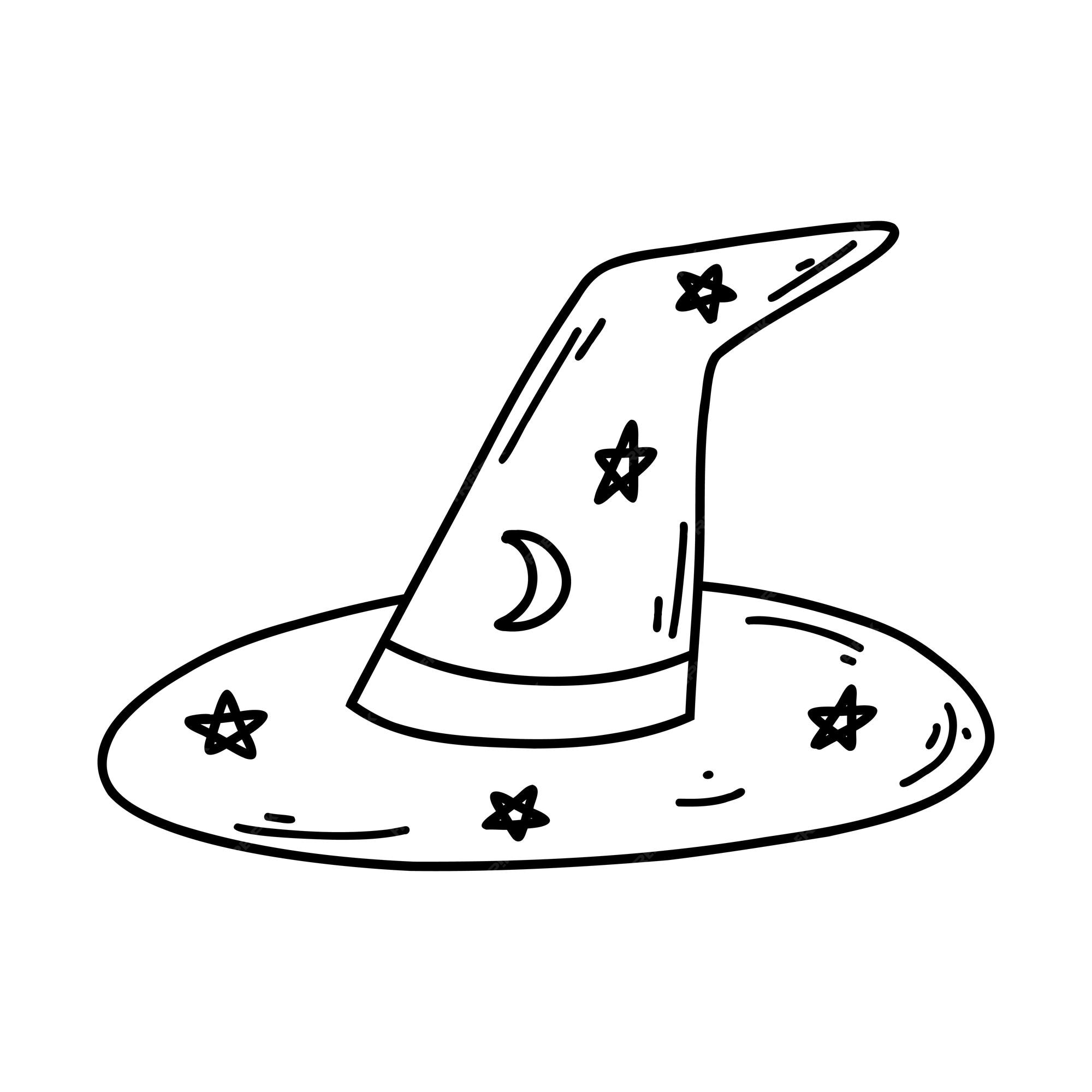 Premium vector hand drawn doodle wizard hat halloween cartoon element vector sketch illustration of witch hat line art for web design icon print coloring page