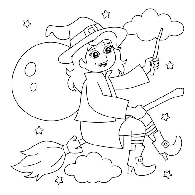 Premium vector witch girl on a broomstick coloring page for kids