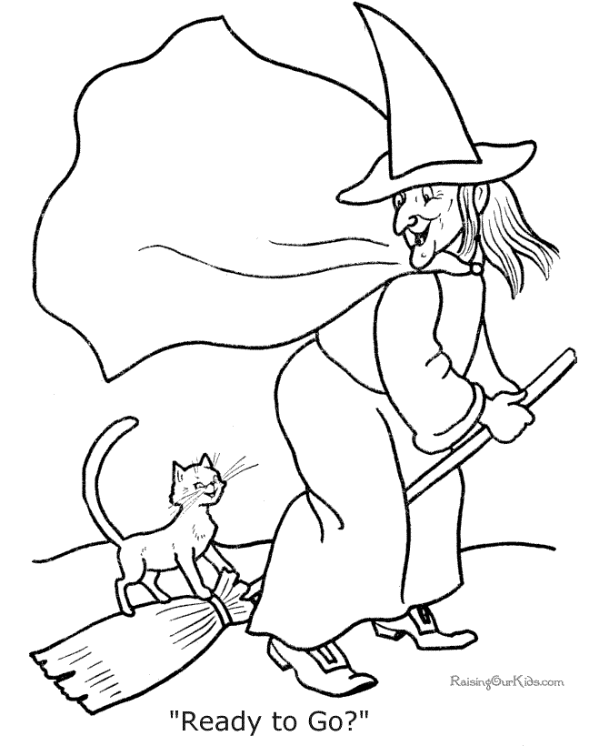 Halloween witch on broom coloring page