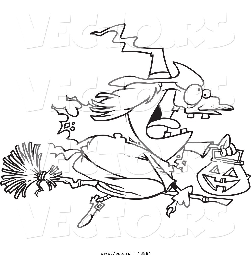 R of a cartoon halloween witch flying on her broom