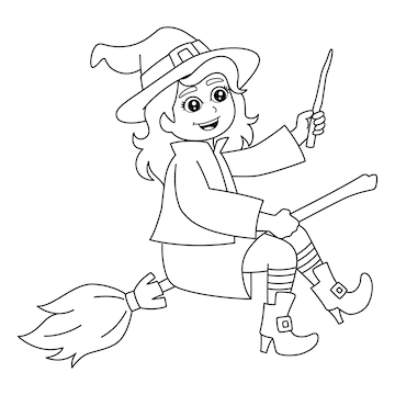 Premium vector witch girl in a broomstick coloring page isolated