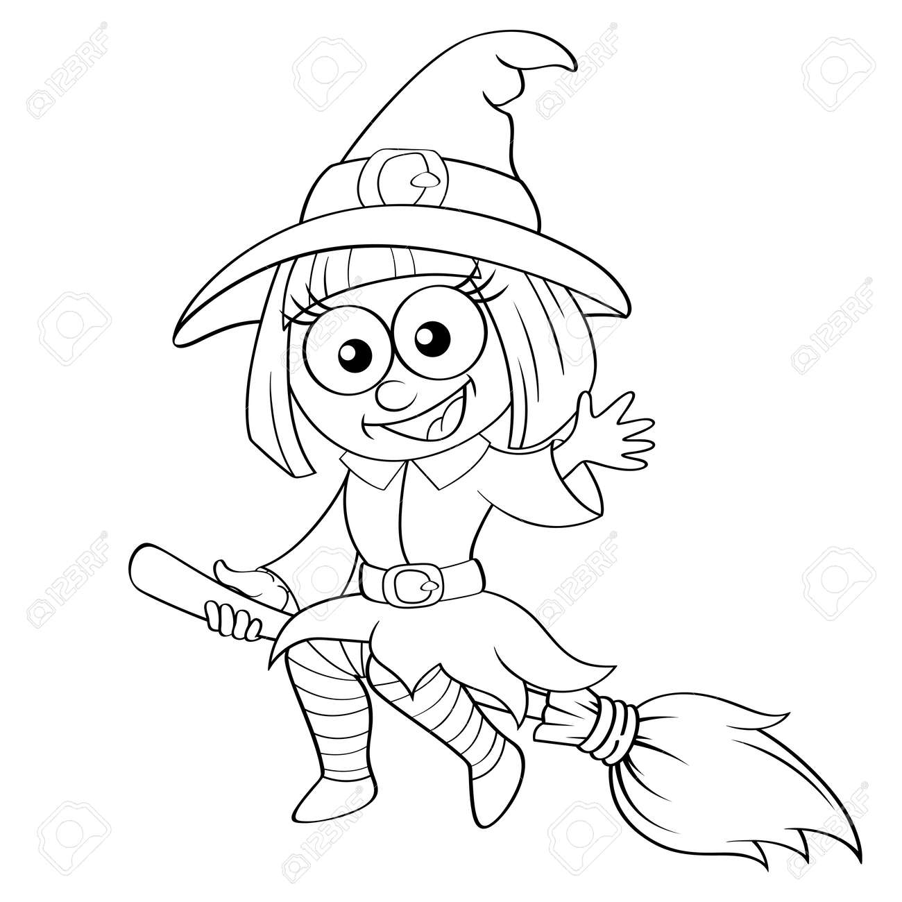 Halloween witch flying on broom black and white vector illustration for coloring book royalty free svg cliparts vectors and stock illustration image