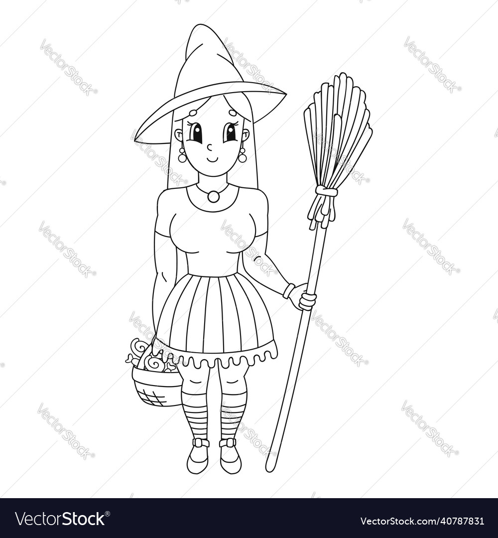 Halloween witch in hat with broom coloring book vector image