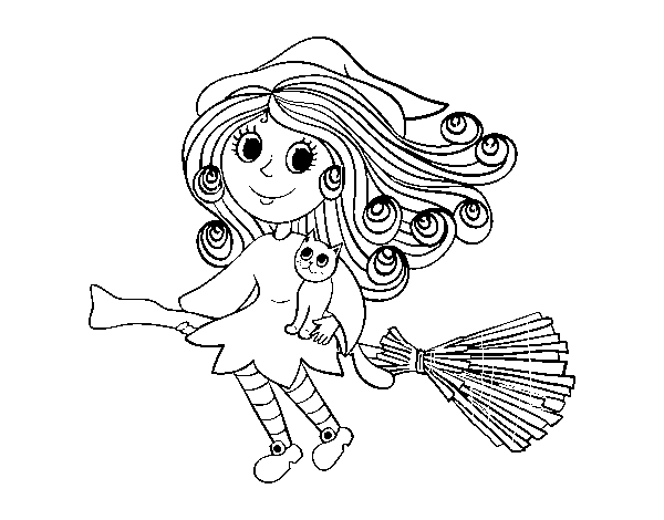 Little witch with broom coloring page