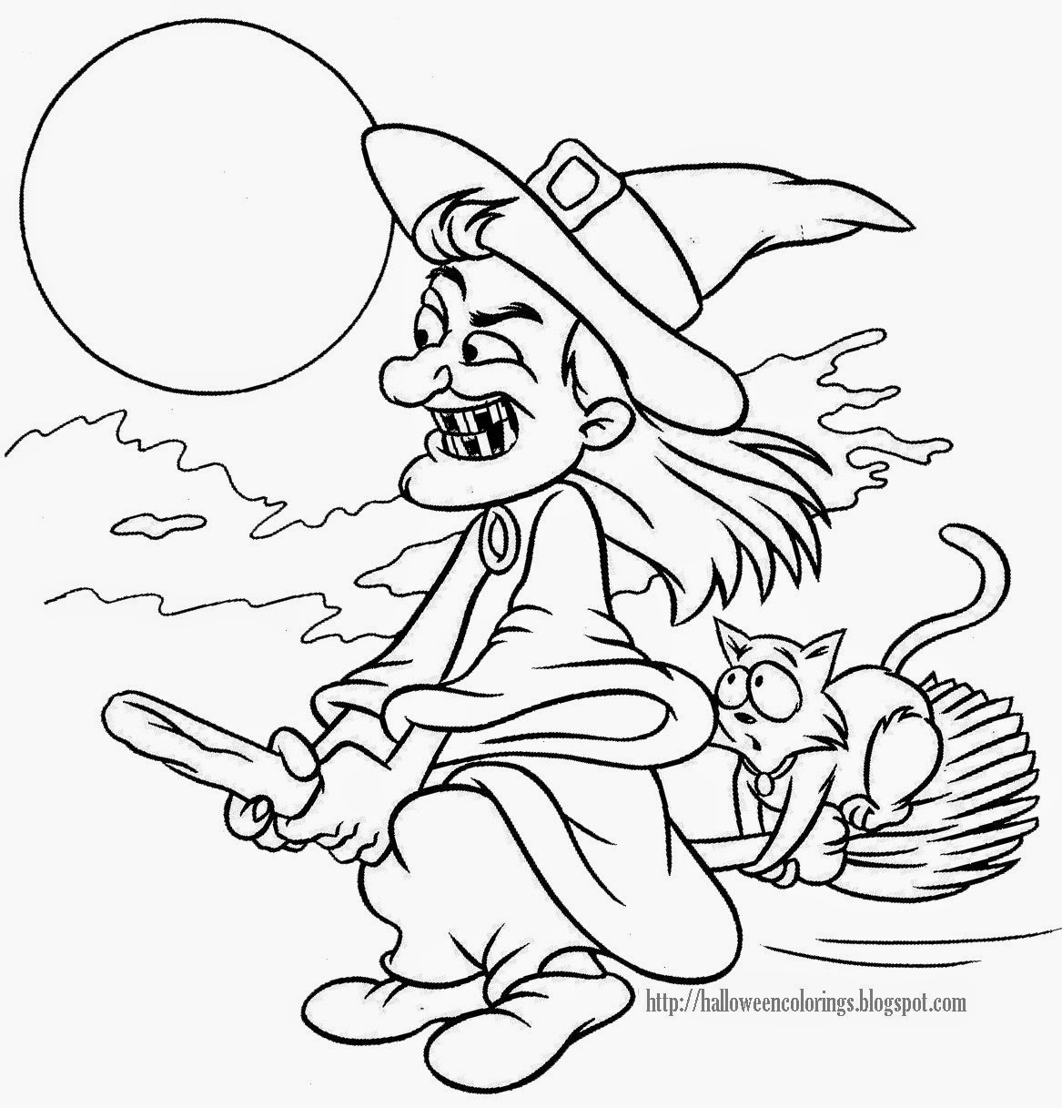 Halloween colorings witch on broomstick coloring page
