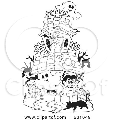 Coloring page outline of a witch ghosts and vampire at a haunted house posters art prints by
