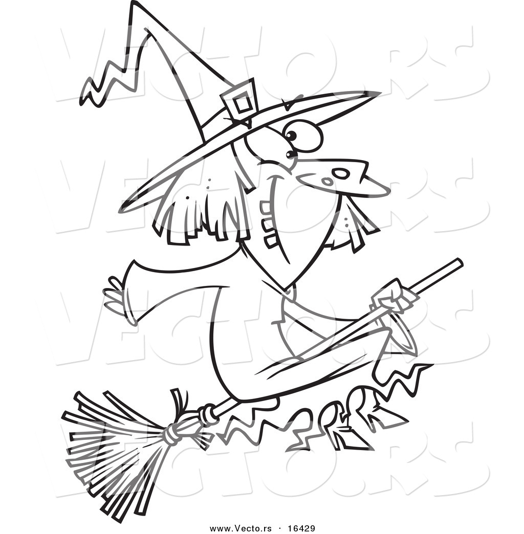 R of a cartoon happy witch on her broomstick