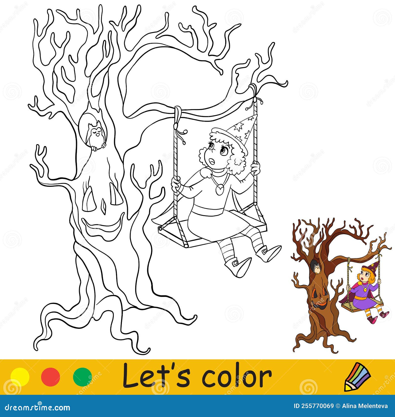 Kids coloring with template a halloween witch and scary tree stock vector