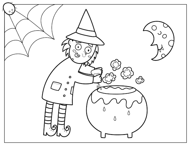 Premium vector halloween coloring page with a cute witch brewing a potion in a cauldron spooky print in cartoon