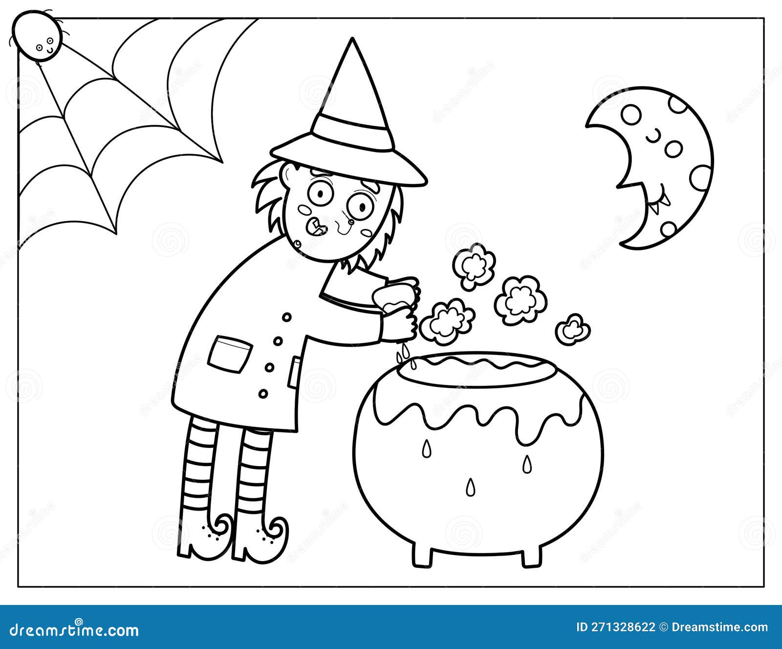 Halloween coloring page with a cute witch brewing a potion in a cauldron stock vector