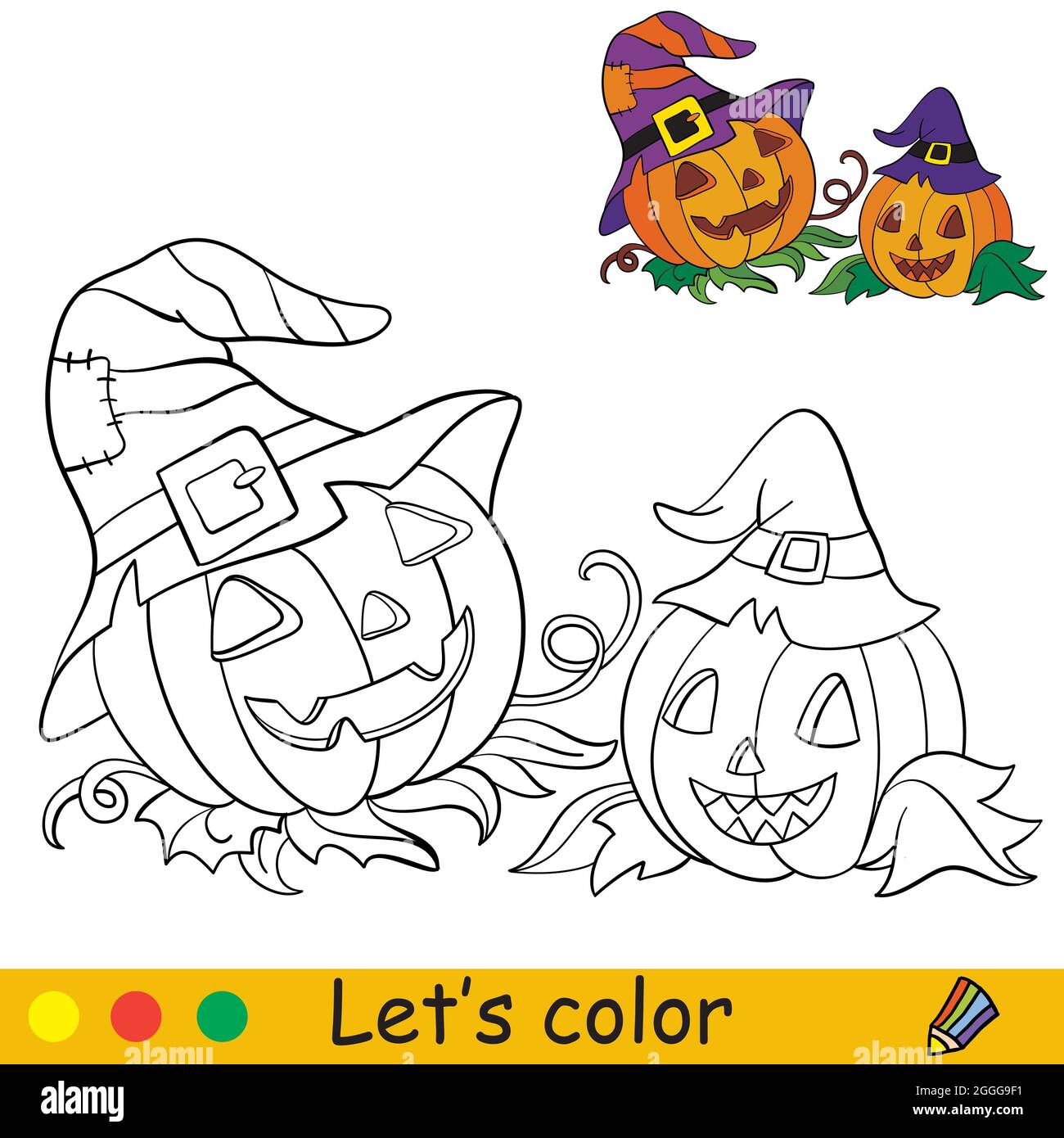 Funny halloween pumpkins in hats of witch halloween concept coloring book page for children with colorful template vector cartoon illustration for stock vector image art