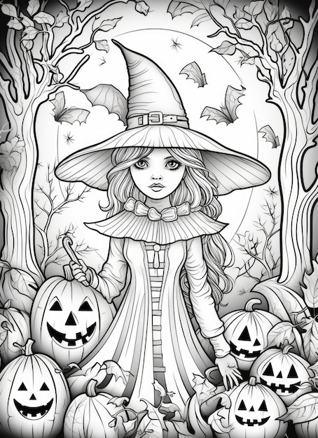 Premium ai image young witch and pumpkins coloring page generative ai