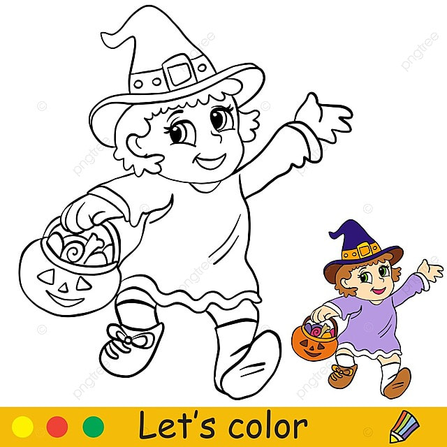 Cute little witch with sweets in a pumpkin bag template download on