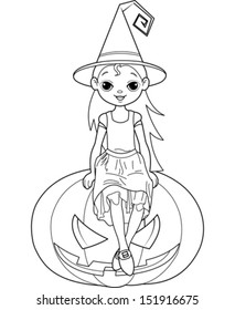 Halloween witch sitting on pumpkin coloring stock vector royalty free