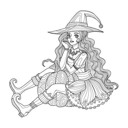 Girl in halloween witch costume sit with pumpkin coloring book page for adult with doodle elements vector outline holiday party illustration royalty free svg cliparts vectors and stock illustration image