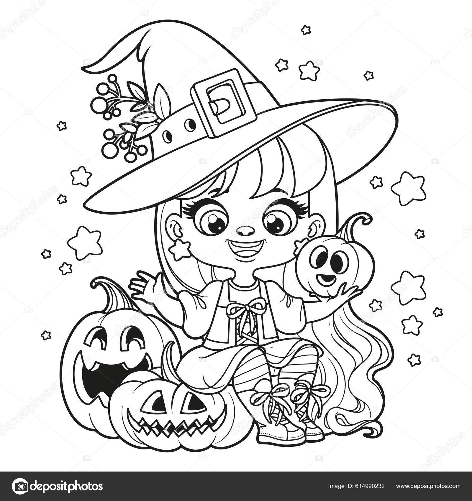 Cute cartoon long haired girl halloween witch costume sit pumpkin stock vector by yadviga