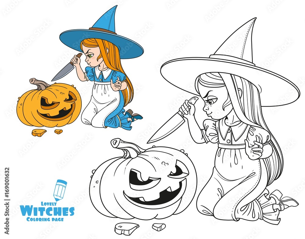 Sweet girl in witch costume sitting on the floor with a knife and cut the lantern from a pumpkin color and outlined for coloring page vector