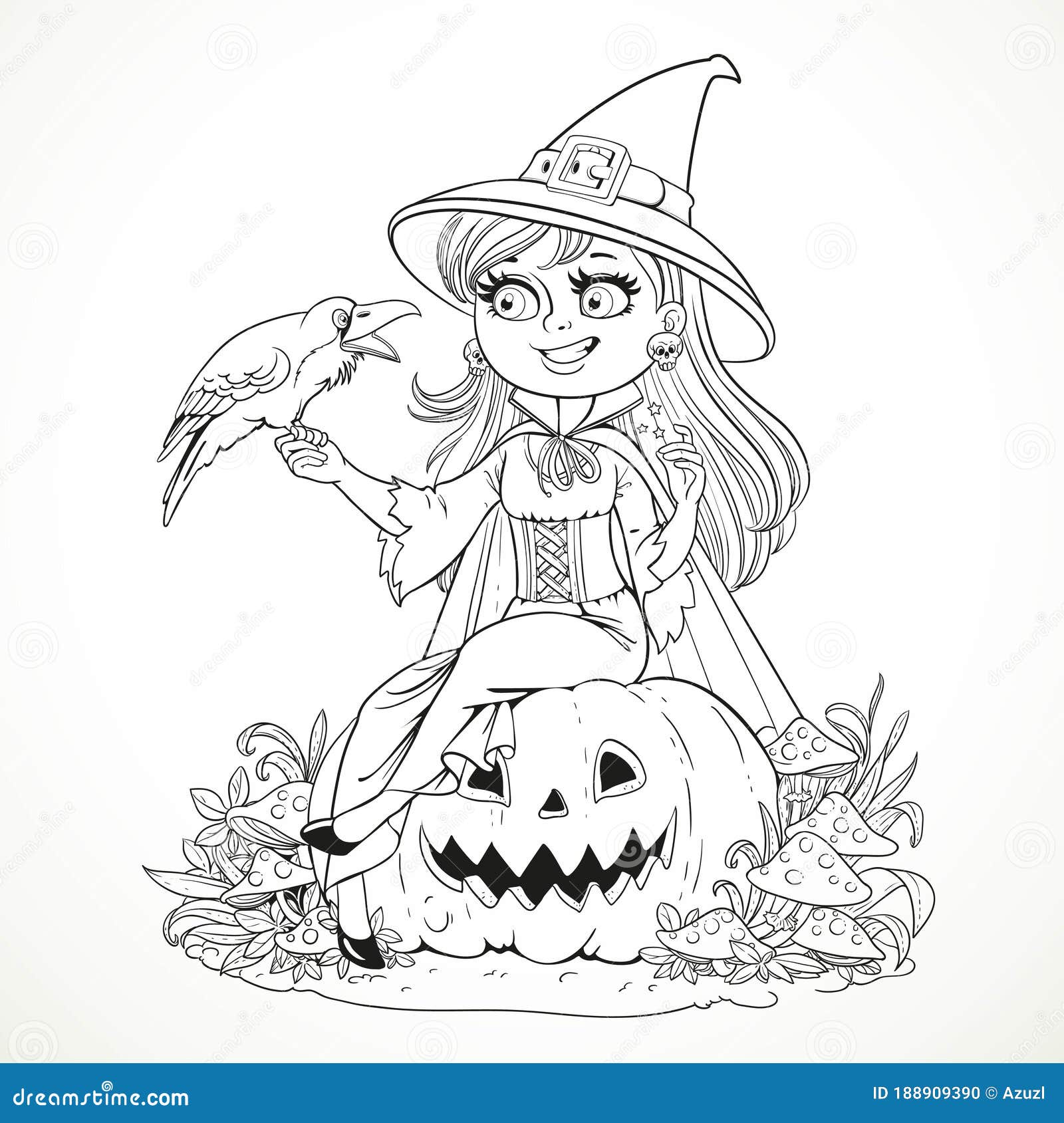Beautiful witch sitting on a pumpkin and talks to the black raven outlined for coloring book stock vector
