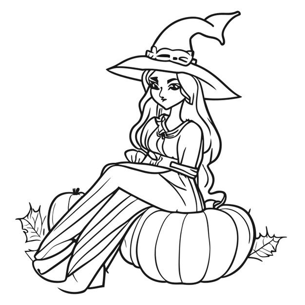 Premium vector witch sitting at pumpkin vector illustration line art