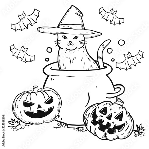Halloween cat in a witch hat sitting among halloween pumpkin black and white illustration for coloring book good for kid or adult who love art its on white backgound illustration