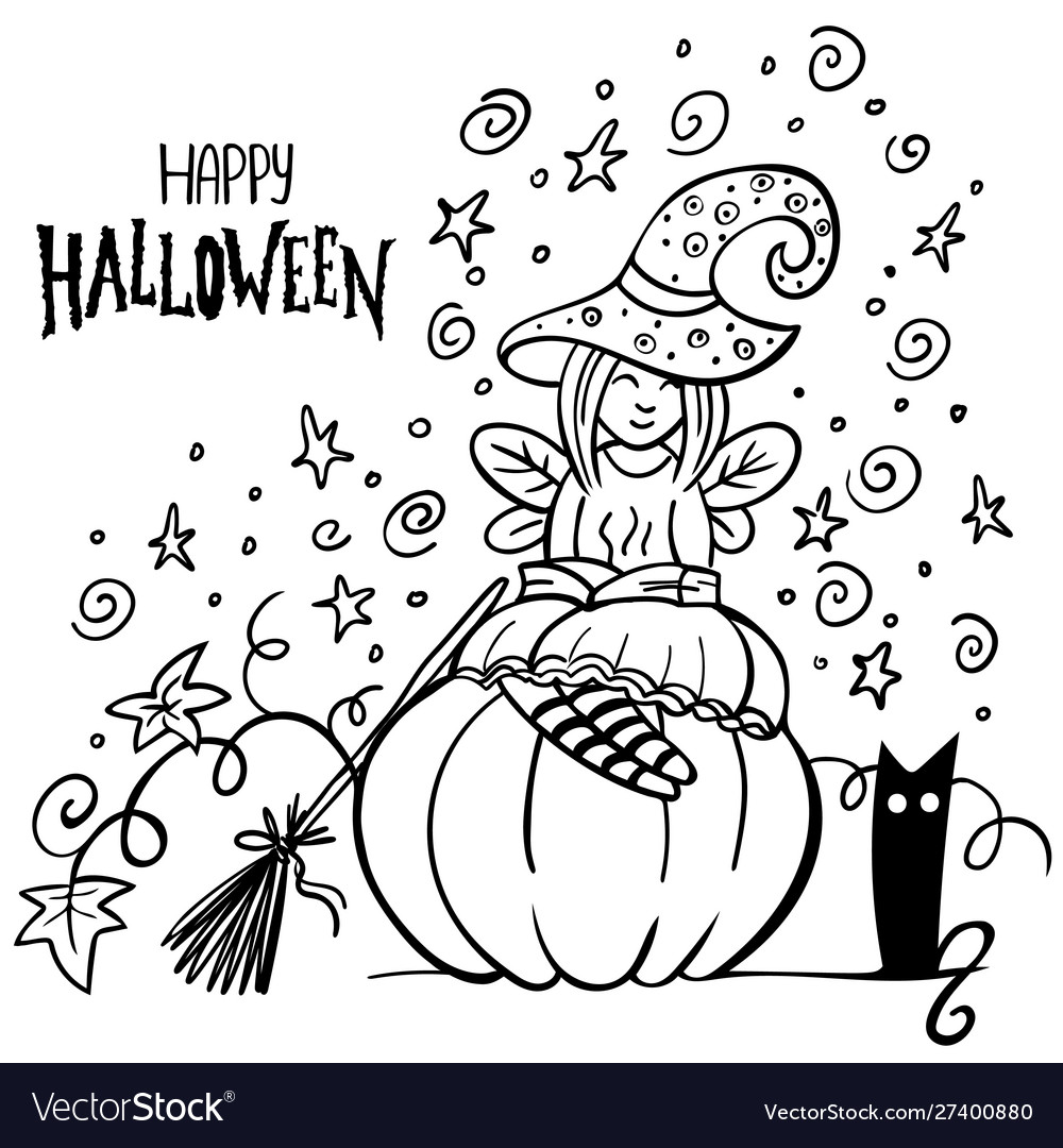 Witch girl sitting on a pumpkin and black cat vector image