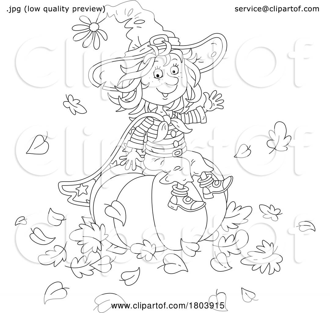 Cartoon black and white halloween witch girl sitting on a pumpkin by alex bannykh
