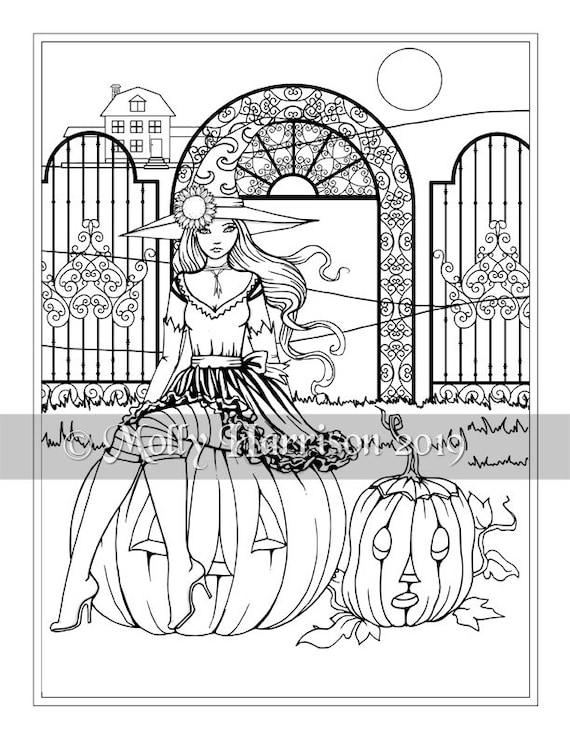 Witch sitting on pumpkin instant download printable halloween witch and cats molly harrison fantasy art coloring page jpg x