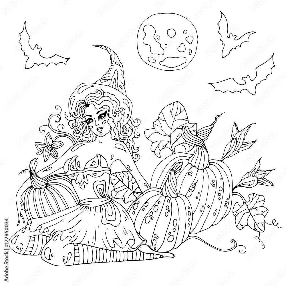 Vector sexy witch in high hat sitting beside pumpkins halloween coloring page vector