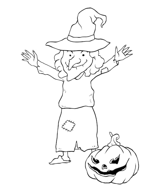 Premium vector witch with carved pumpkin halloween coloring page