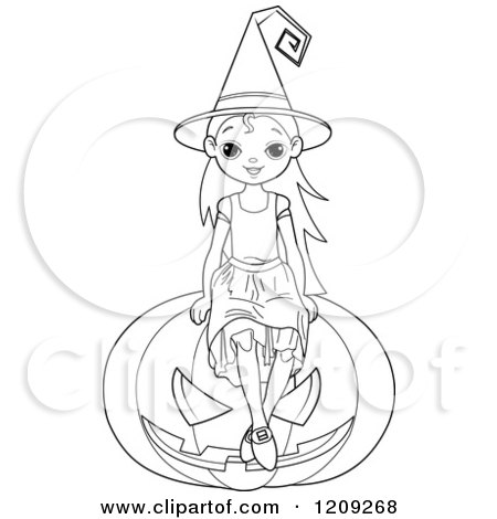 Cartoon of a black and white witch girl sitting on a halloween jackolantern pumpkin