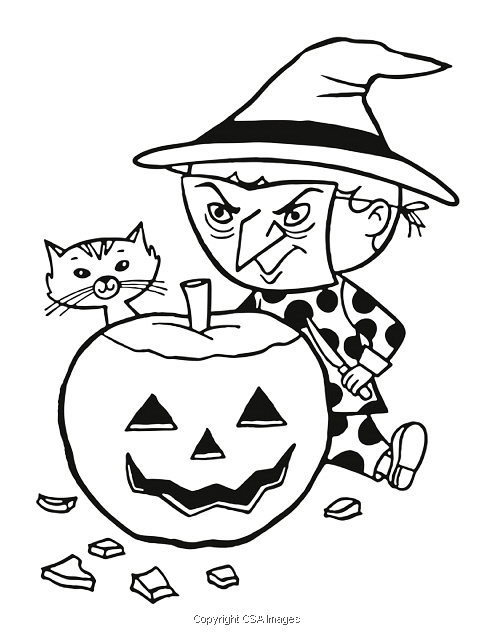 Child in witch costume sitting by a pumpkin csa images