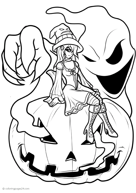 A witch is sitting on a pumpkin coloring pages