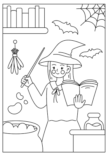Premium vector cute halloween witch coloring page for kids printable