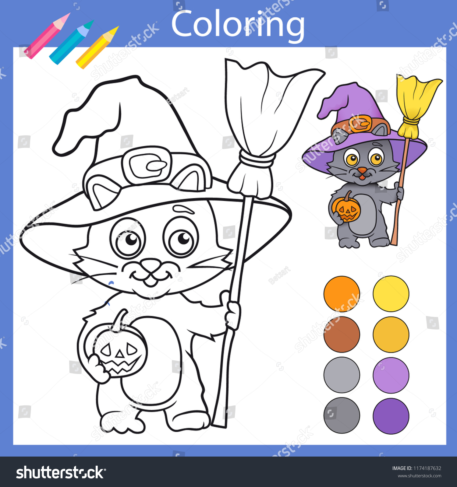 Coloring worksheets cute witch cat halloween stock vector royalty free