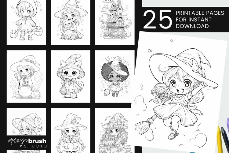Kawaii witch coloring book halloween coloring page bundle