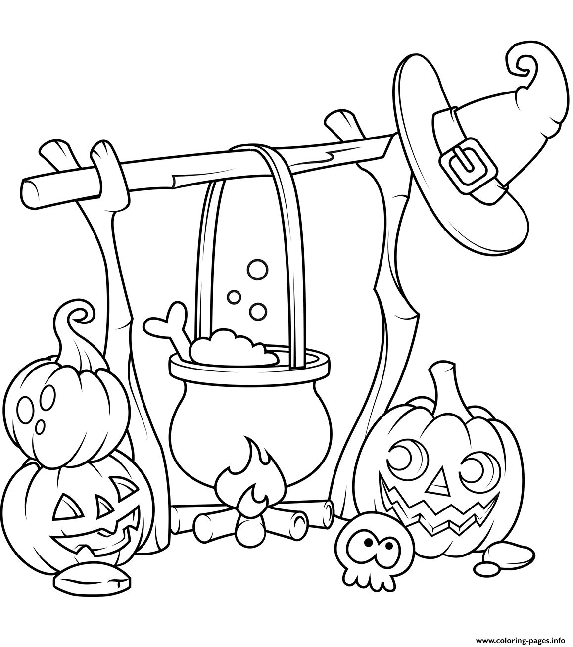 Jack o lanterns and a boiling cauldron halloween coloring page printable