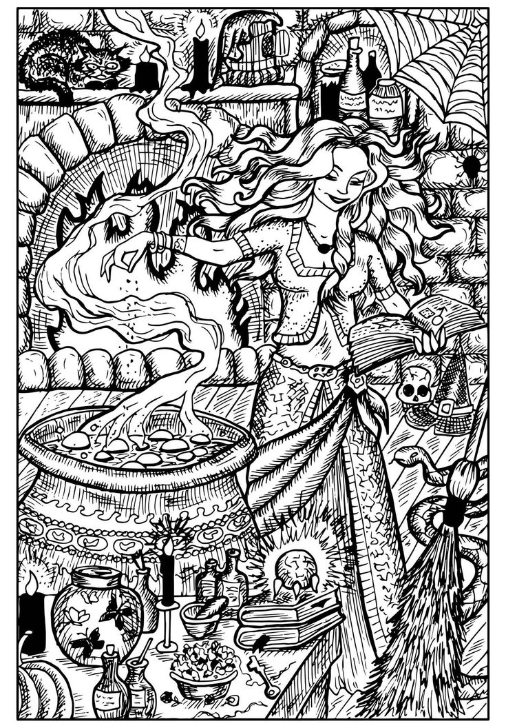 Beautiful witch and her cauldron