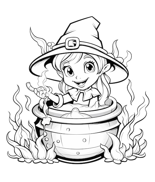 Premium vector cackling witch cauldron coloring page