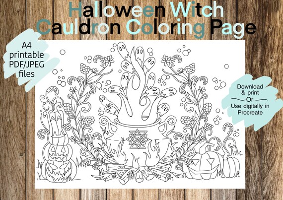 Halloween witch cauldron coloring page
