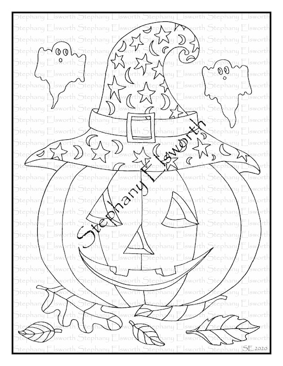 Pumpkin in witch hat x instant download printable coloring page