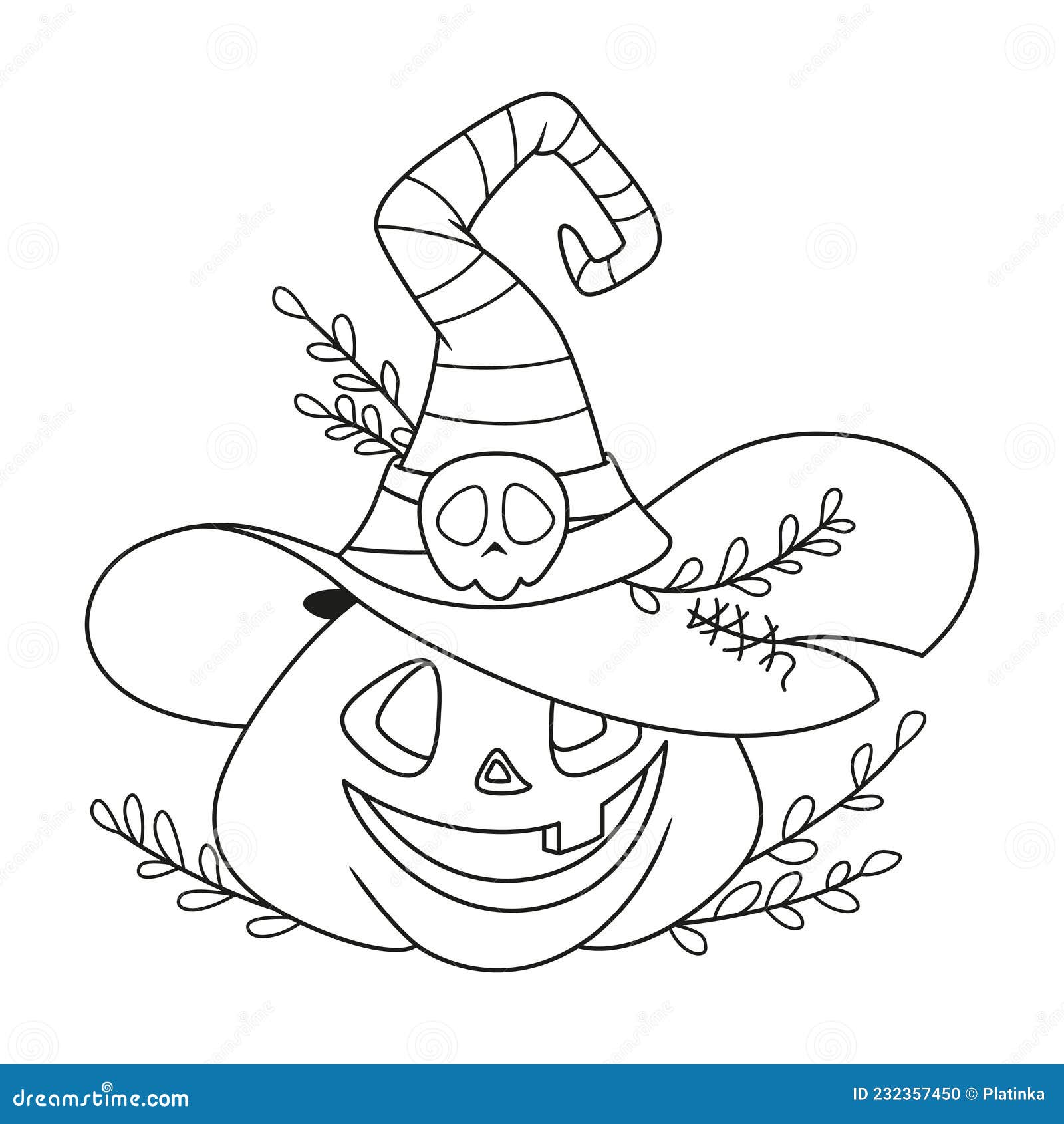 Pumpkin with witch hat for halloween coloring page outline cartoon vector illustration stock vector