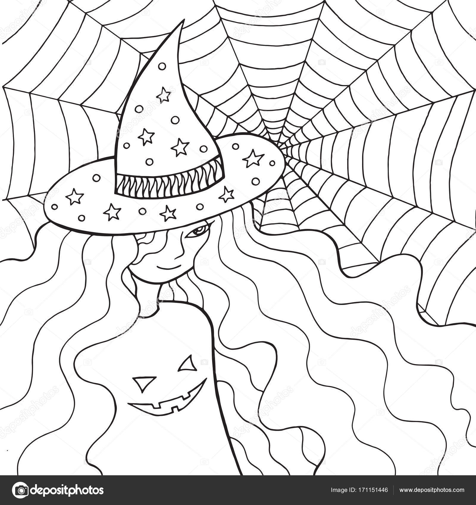 Witch girl in the hat and web doodle coloring page for adults a stock vector by fesleen