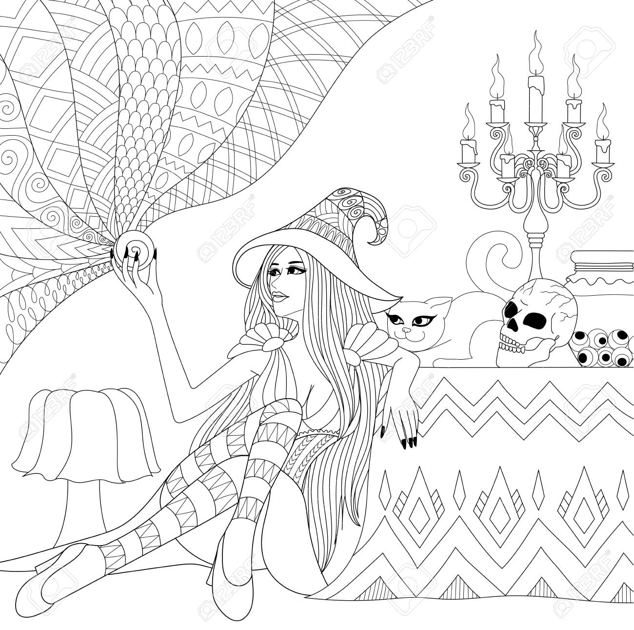 Colouring pages coloring book for adults halloween girl or witch with crystal ball horror background with skullcandles and cat antistress freehand sketch drawing with doodle elements royalty free svg cliparts vectors and