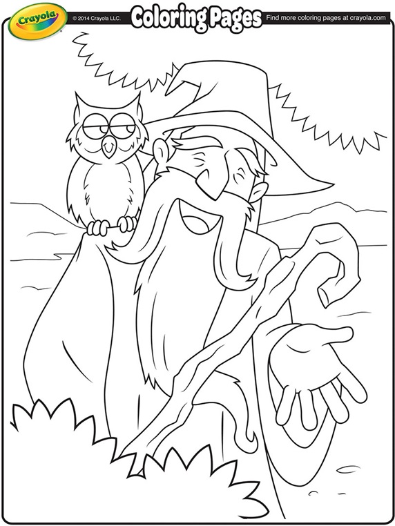 Wizard and his owl coloring page