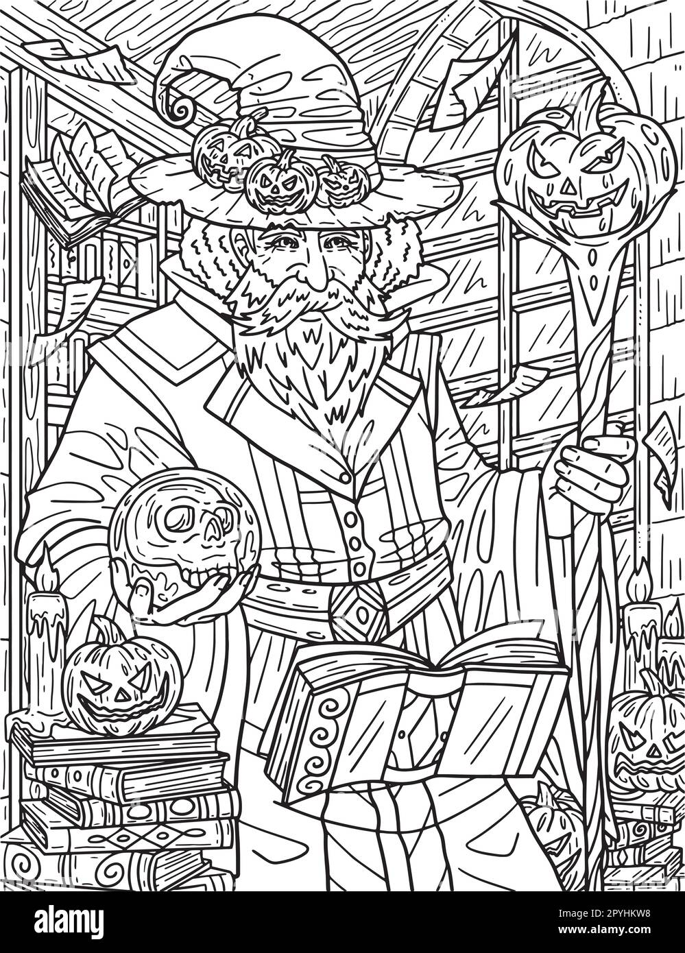 Halloween wizard coloring page for adults stock vector image art