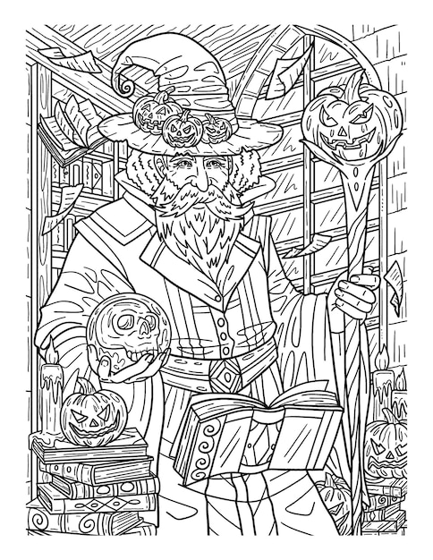 Premium vector halloween wizard coloring page for adults