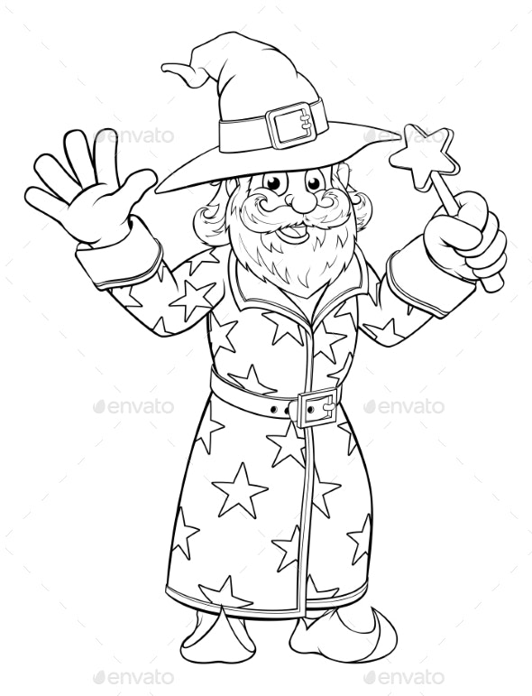 Wizard merlin cartoon coloring book page vectors