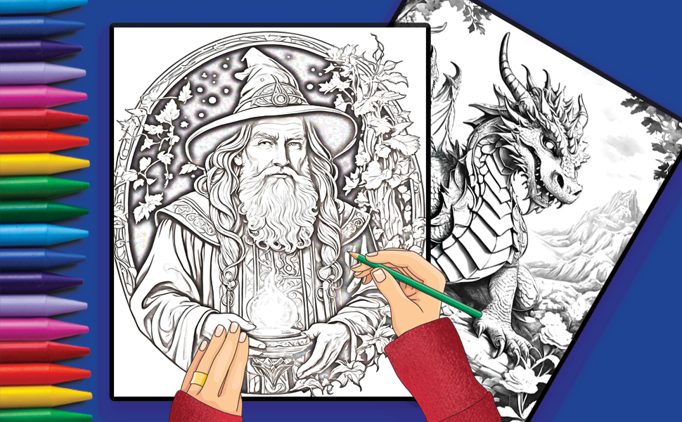 Dragons and wizards coloring book dragons and wizards coloring pages for adults fantasy magical mystical images to color for fun stress princess fairy and mermaid portraits barnett pattie books
