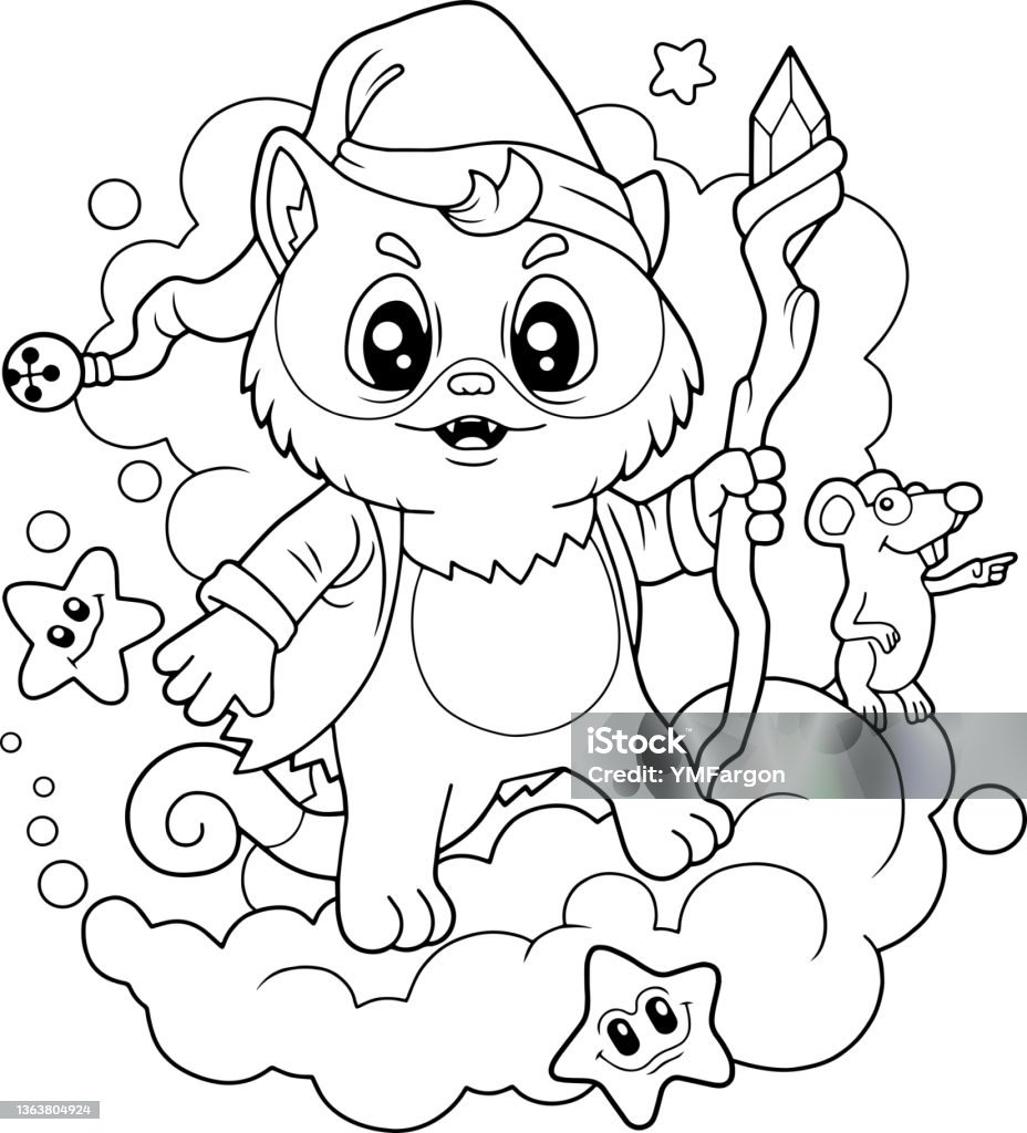 Cute cat wizard coloring book funny illustration stock illustration