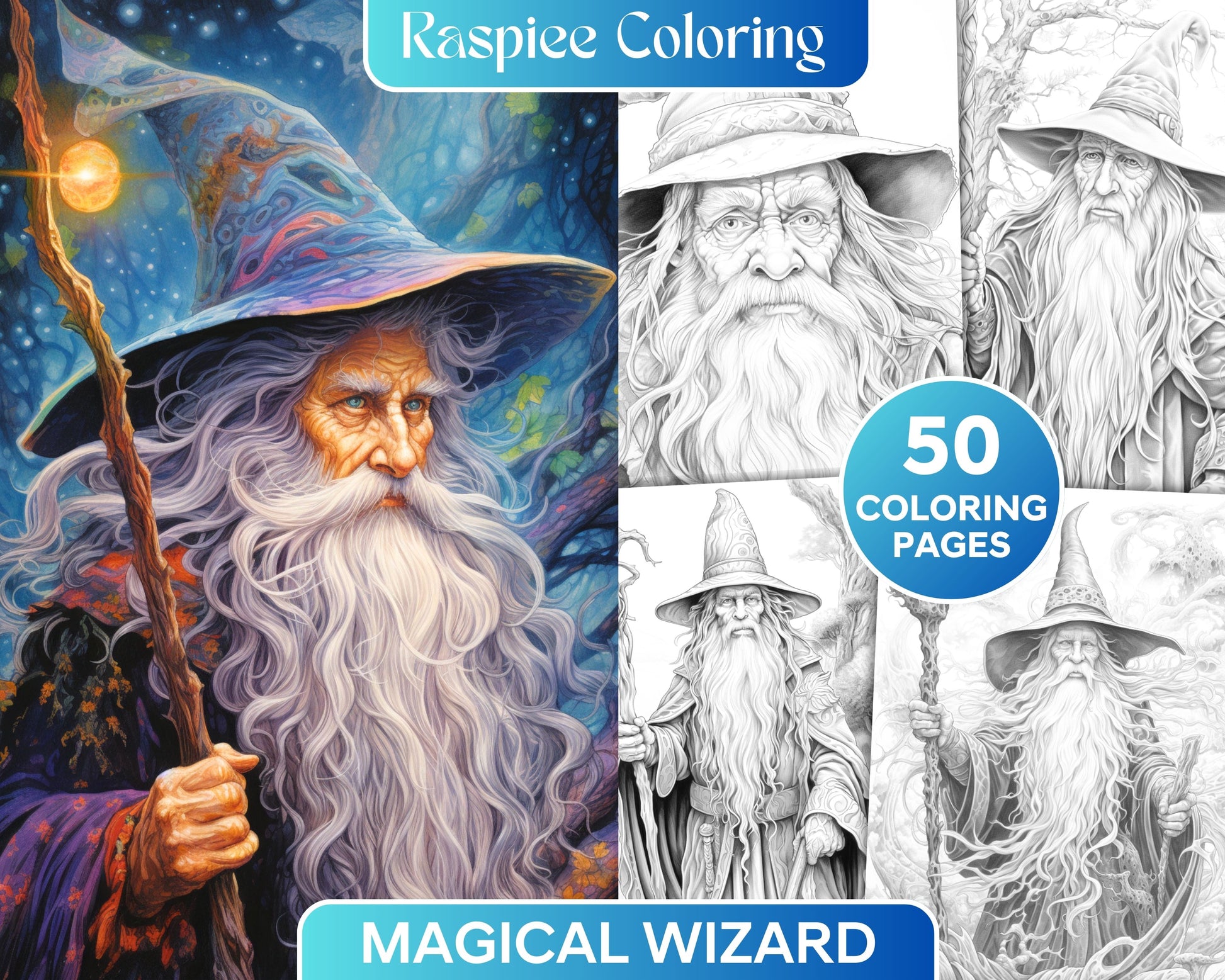 Magical wizard grayscale coloring pages for adults printable pdf f â coloring